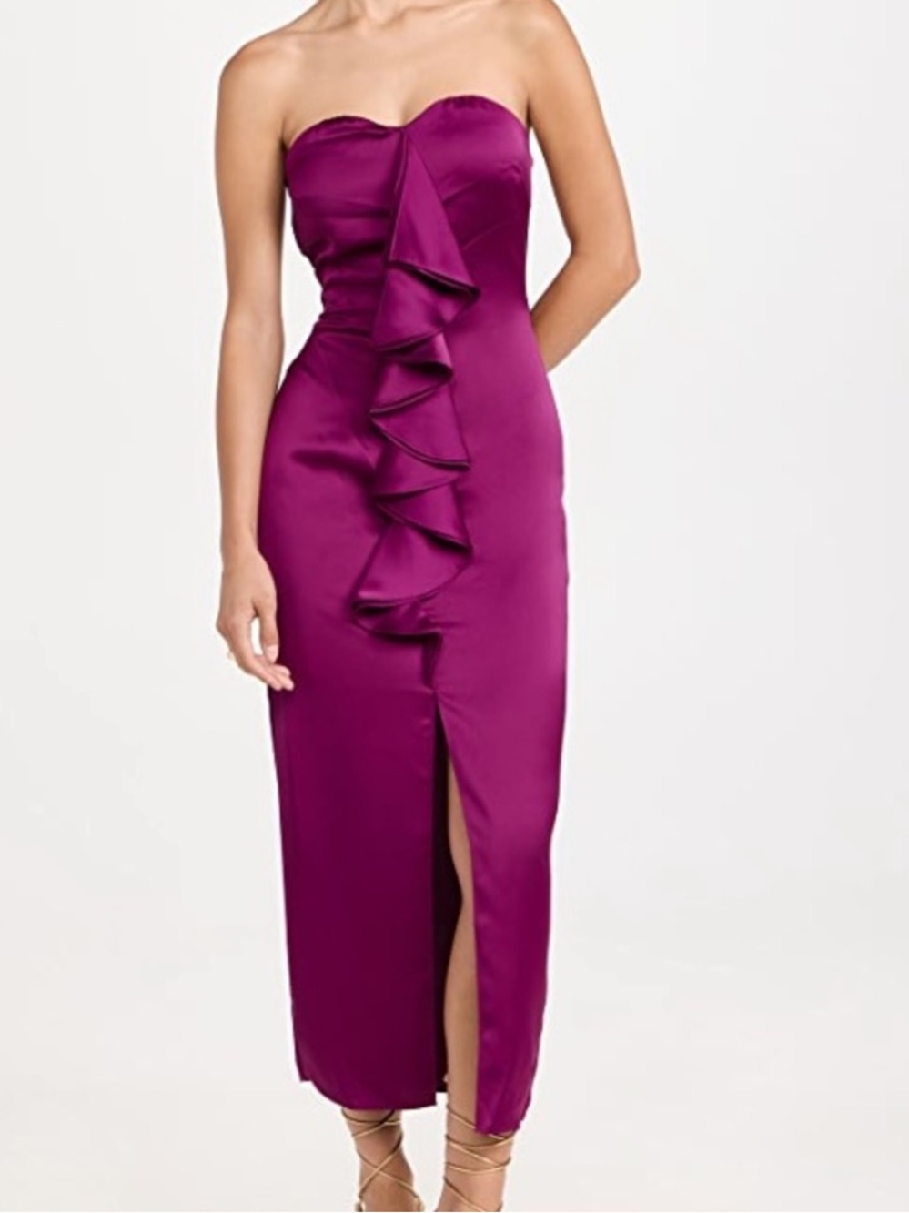 NWT Ramy Brook Venice Strapless Ruffle Front High Slit Midi Dress in Plumberry